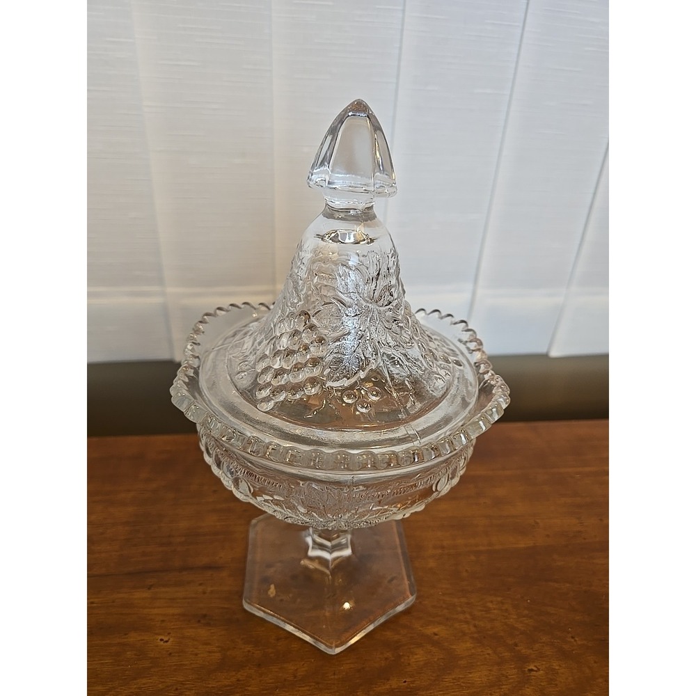 NORTHWOOD Clear Glass Candy Dish Grape And Cable‎ Vintage Carnival Glass